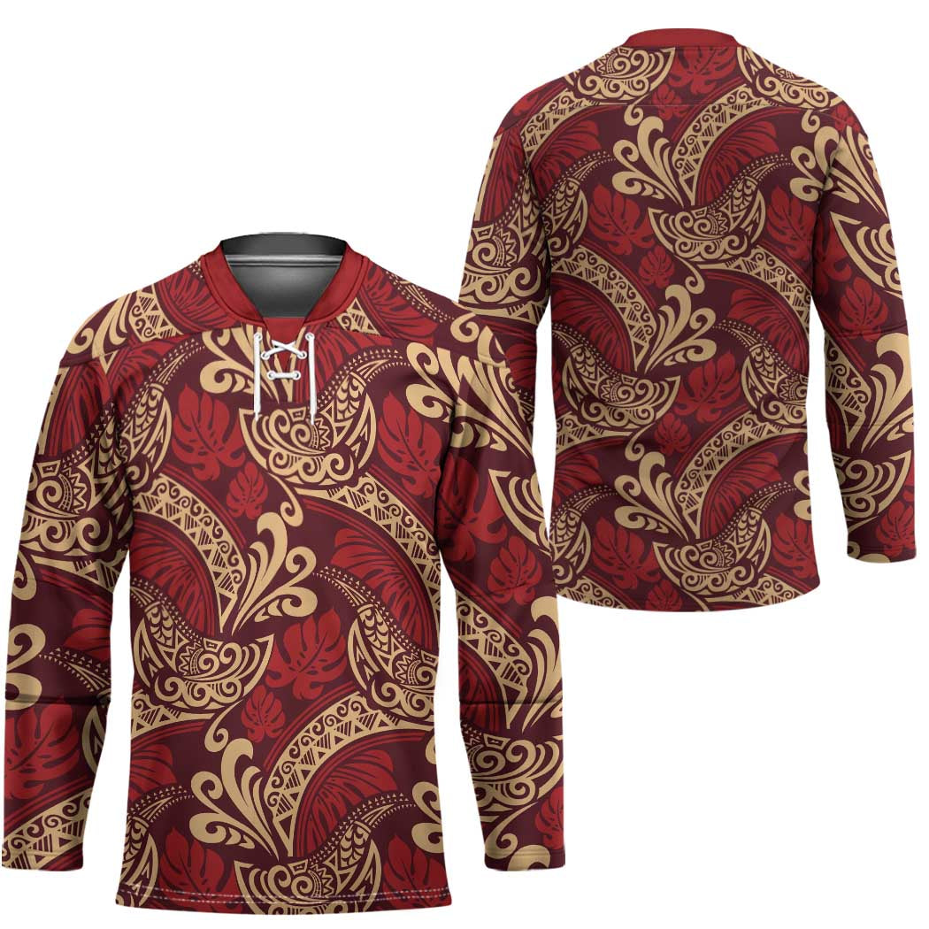 Luxury Red Monstera Hockey Jersey Polynesian Tribal Pattern - Polynesian Pride