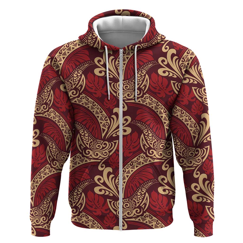 Luxury Red Monstera Hoodie Polynesian Tribal Pattern LT01 Zip Hoodie Red - Polynesian Pride