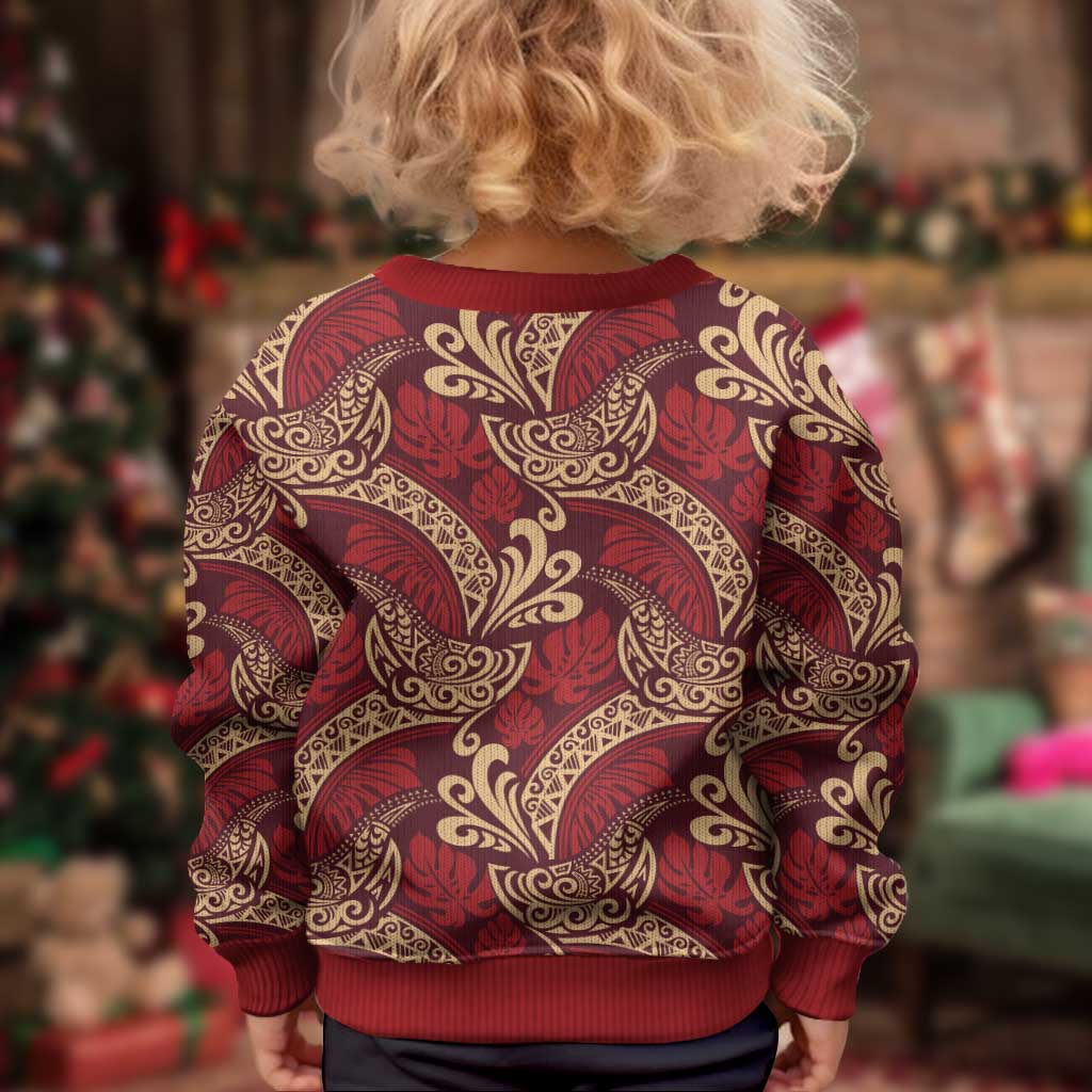 Luxury Red Monstera Kid Ugly Christmas Sweater Polynesian Tribal Pattern - Polynesian Pride