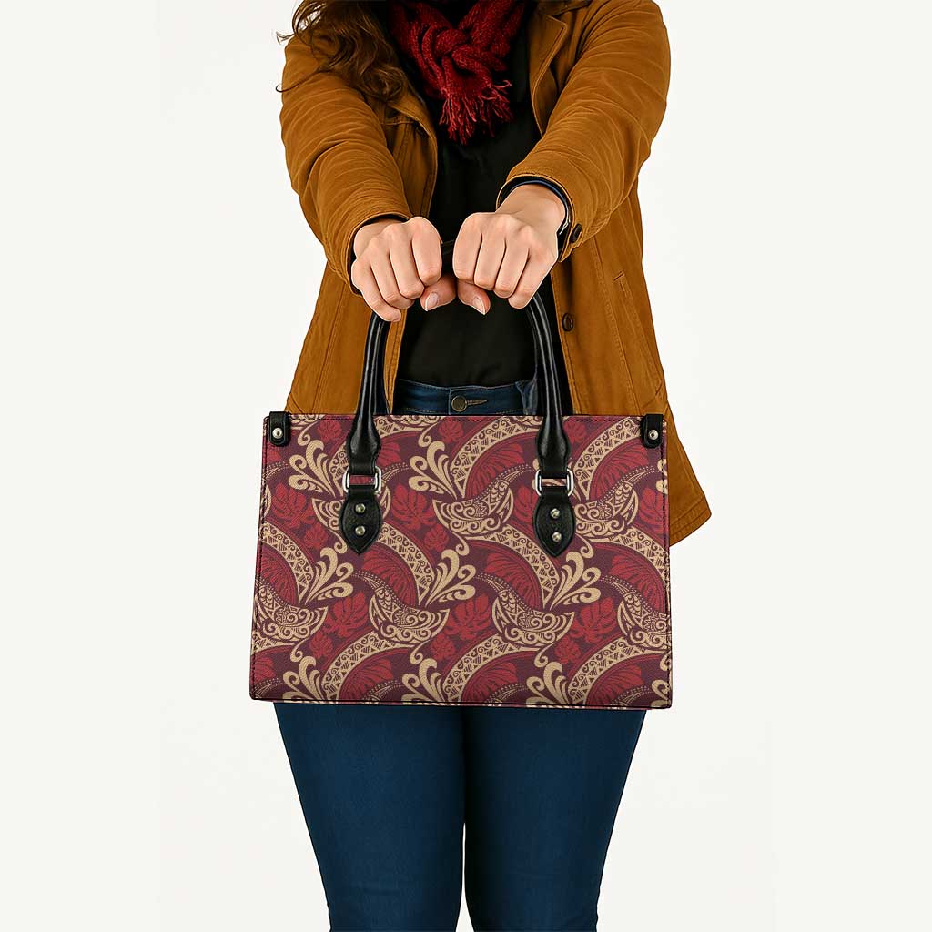 Luxury Red Monstera Leather Bag Polynesian Tribal Pattern - Polynesian Pride