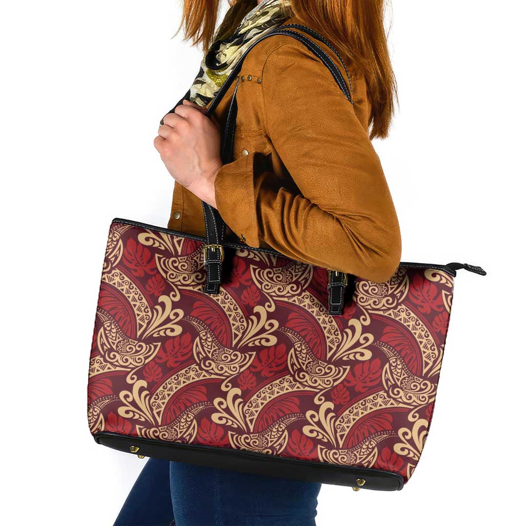 Luxury Red Monstera Leather Tote Bag Polynesian Tribal Pattern LT01 Red - Polynesian Pride