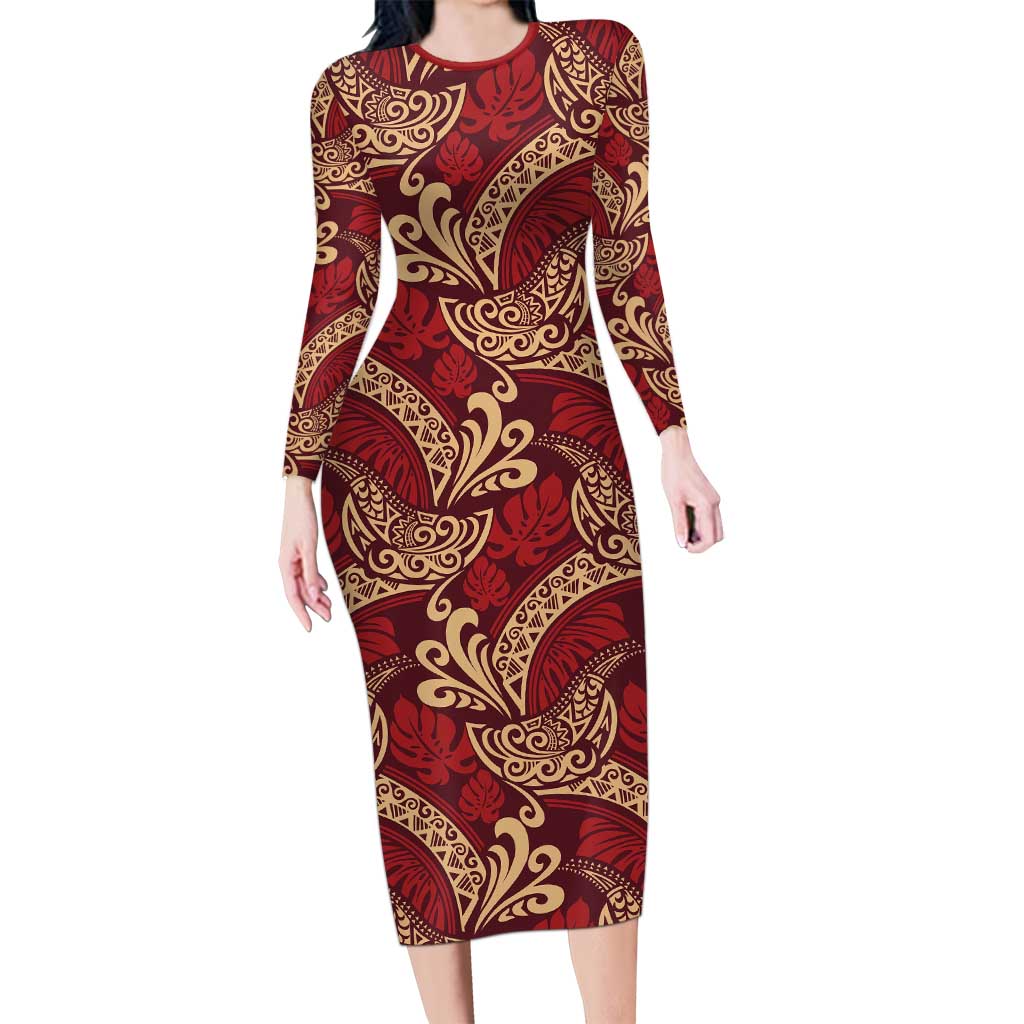 Luxury Red Monstera Long Sleeve Bodycon Dress Polynesian Tribal Pattern - Polynesian Pride