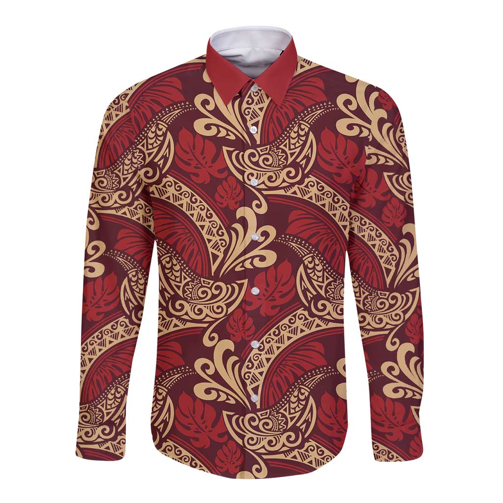 Luxury Red Monstera Long Sleeve Button Shirt Polynesian Tribal Pattern LT01 Unisex Red - Polynesian Pride