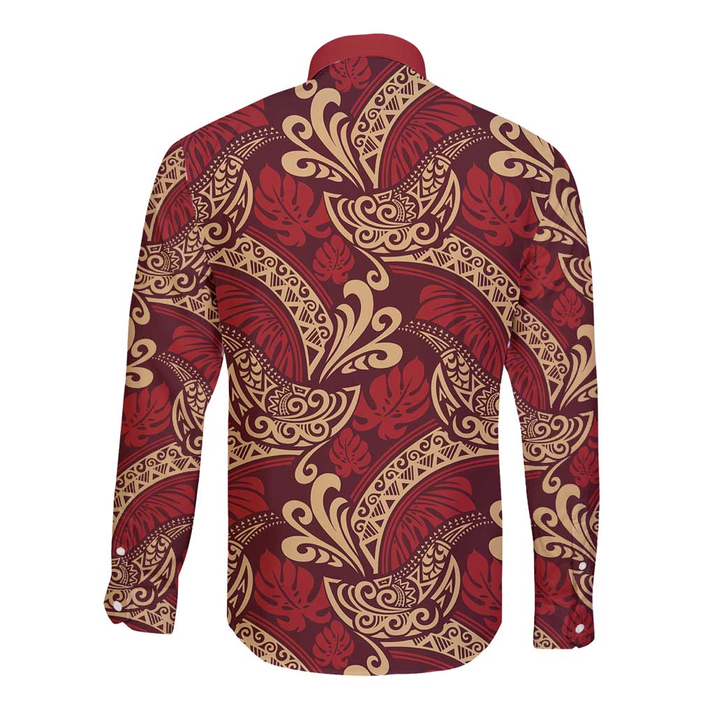 Luxury Red Monstera Long Sleeve Button Shirt Polynesian Tribal Pattern LT01 - Polynesian Pride