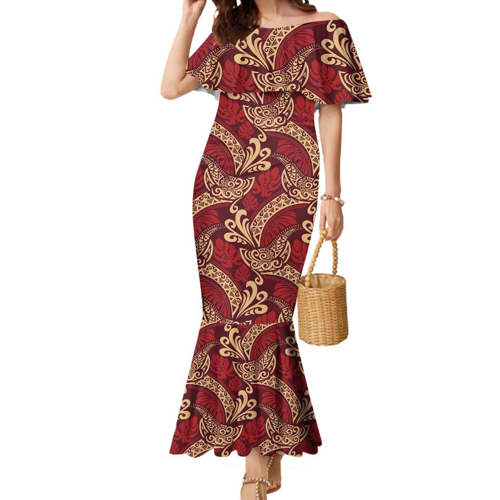 Luxury Red Monstera Mermaid Dress Polynesian Tribal Pattern - Polynesian Pride