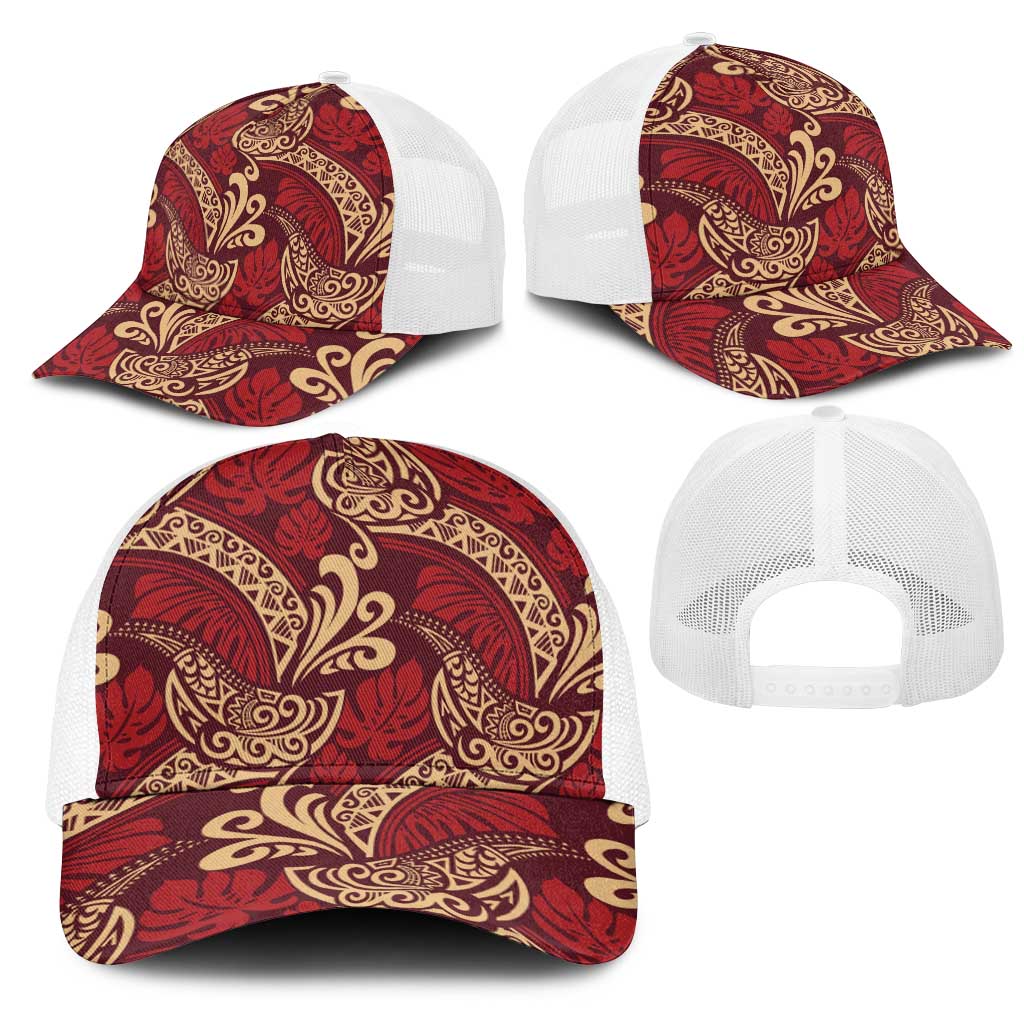 Luxury Red Monstera Mesh Trucker Cap Polynesian Tribal Pattern LT01 - Polynesian Pride