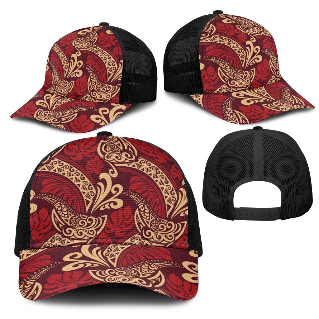 Luxury Red Monstera Mesh Trucker Cap Polynesian Tribal Pattern LT01 - Polynesian Pride