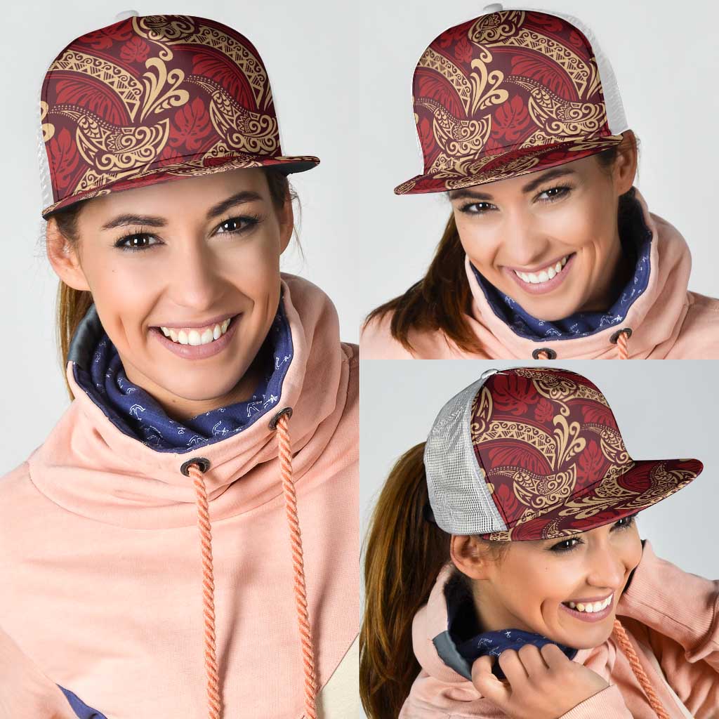 Luxury Red Monstera Mesh Trucker Cap Polynesian Tribal Pattern LT01 - Polynesian Pride