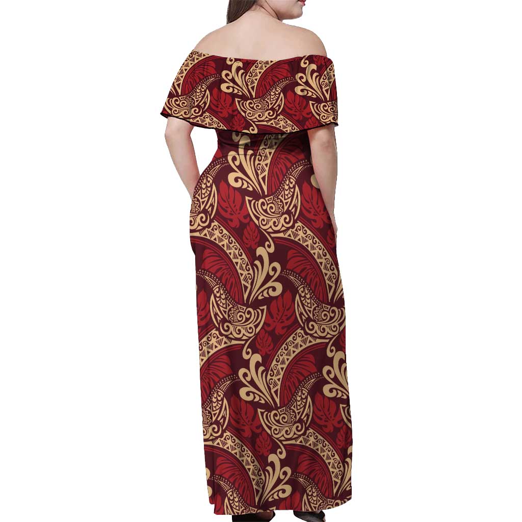Luxury Red Monstera Off Shoulder Maxi Dress Polynesian Tribal Pattern LT01 - Polynesian Pride