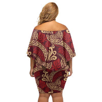 Luxury Red Monstera Off Shoulder Short Dress Polynesian Tribal Pattern - Polynesian Pride