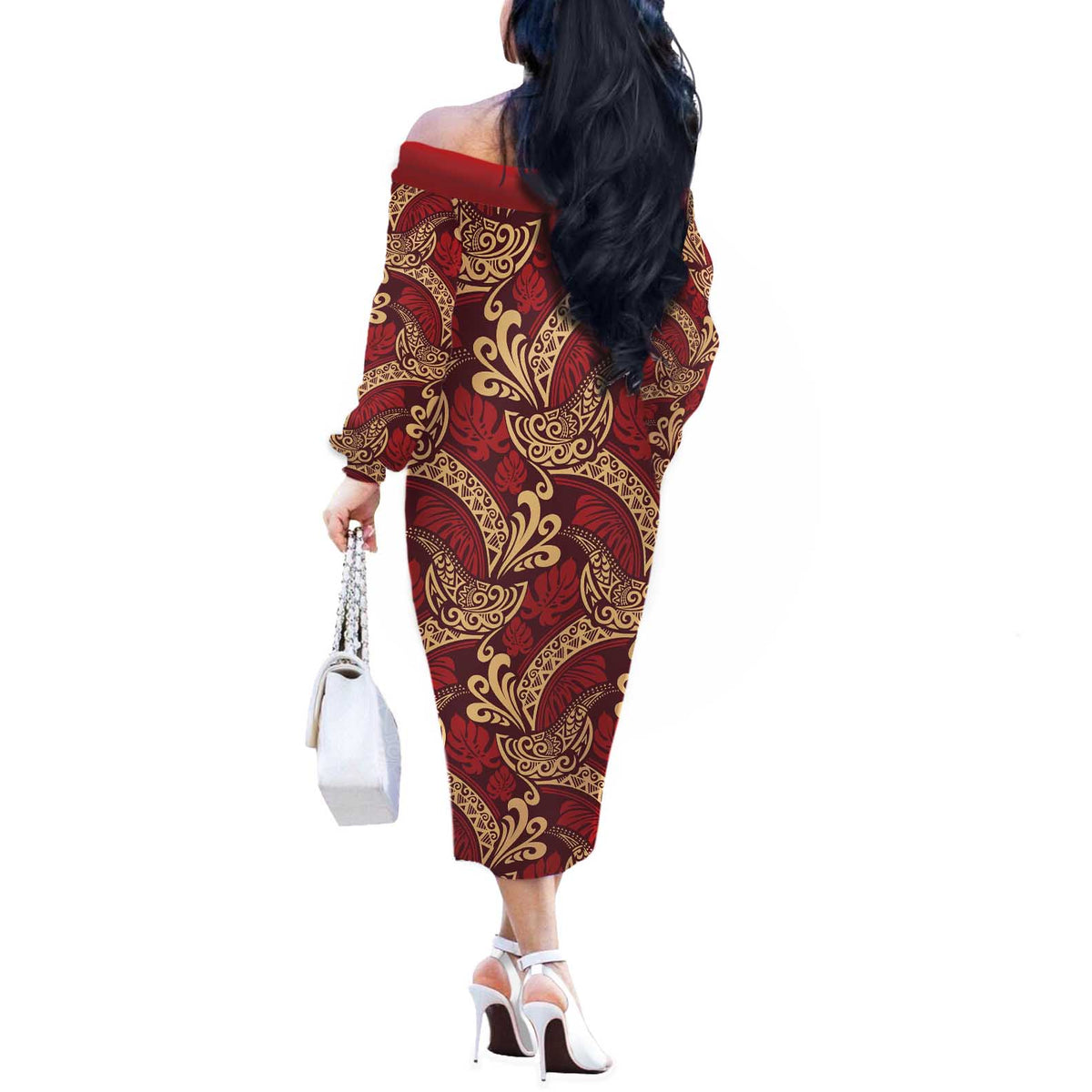 Luxury Red Monstera Off The Shoulder Long Sleeve Dress Polynesian Tribal Pattern - Polynesian Pride