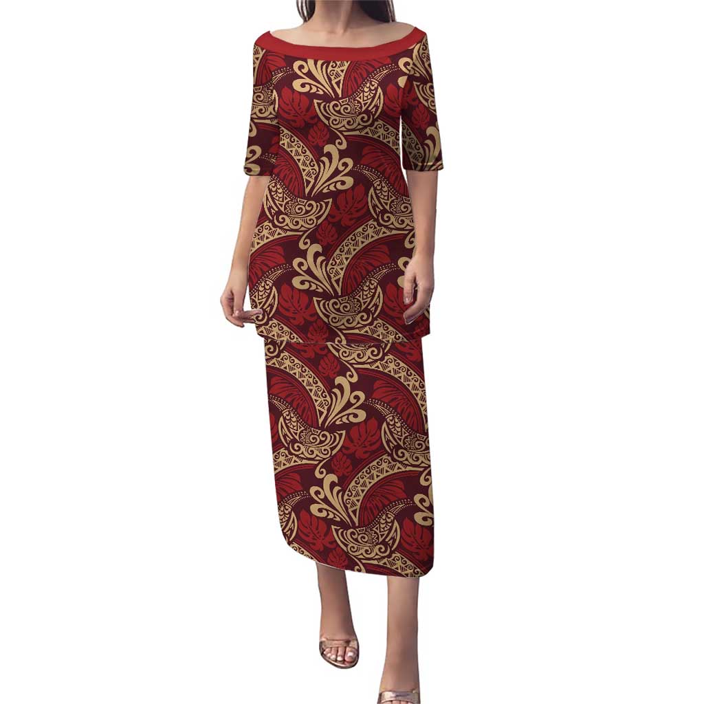Luxury Red Monstera Puletasi Polynesian Tribal Pattern - Polynesian Pride