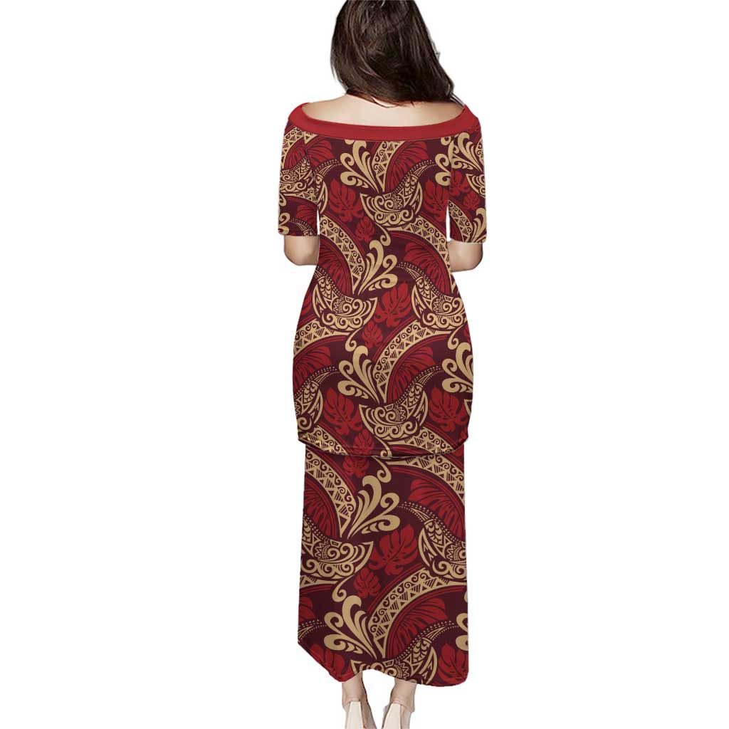 Luxury Red Monstera Puletasi Polynesian Tribal Pattern - Polynesian Pride
