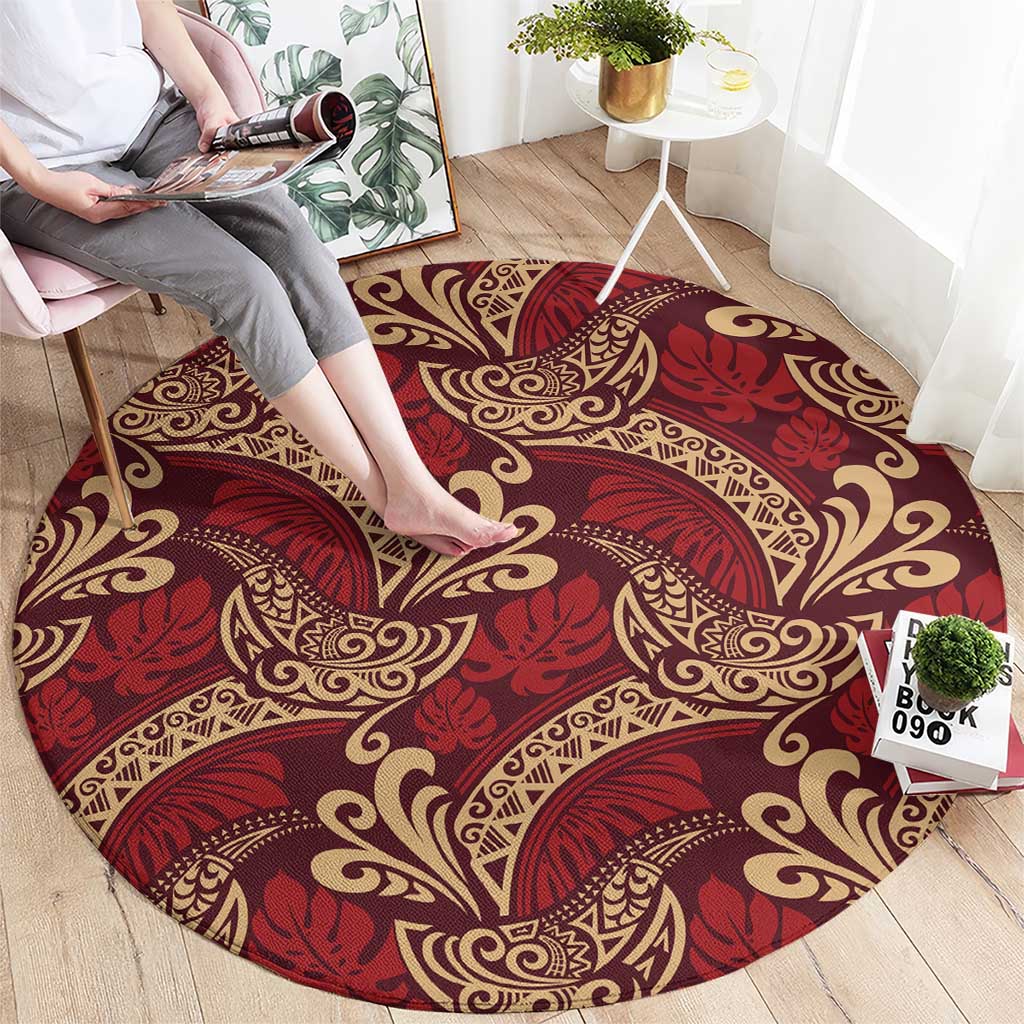 Luxury Red Monstera Round Carpet Polynesian Tribal Pattern LT01 - Polynesian Pride