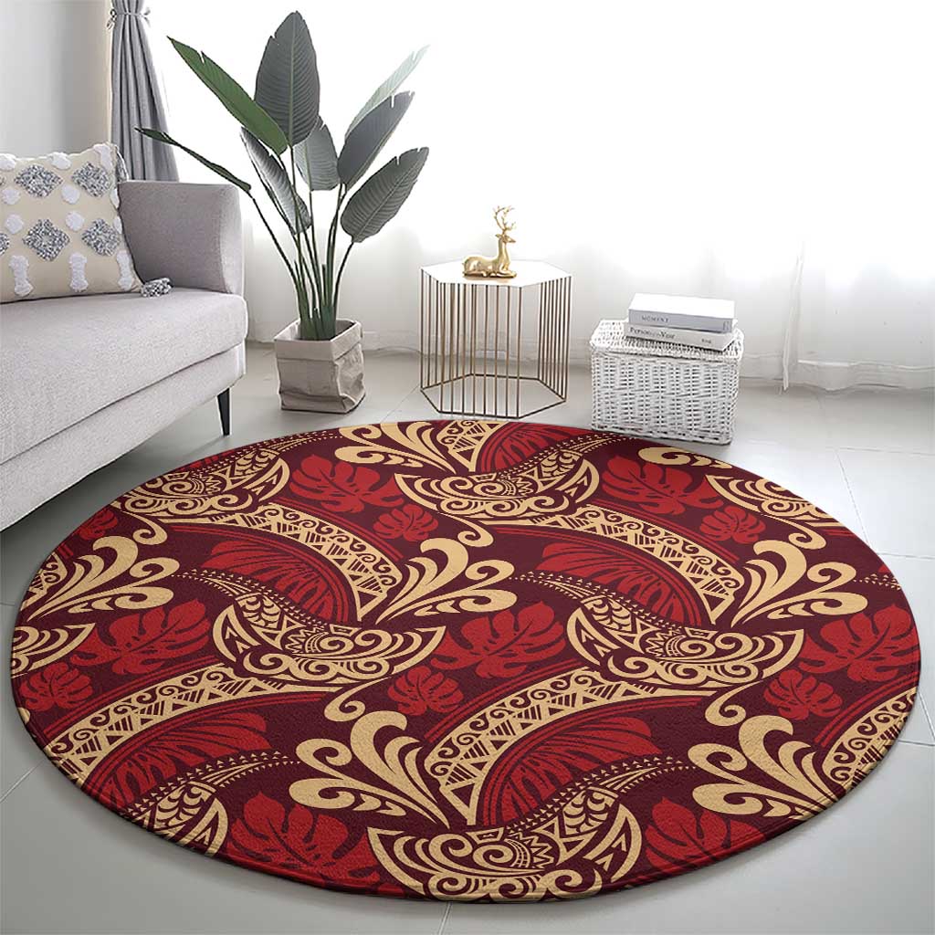 Luxury Red Monstera Round Carpet Polynesian Tribal Pattern LT01 - Polynesian Pride