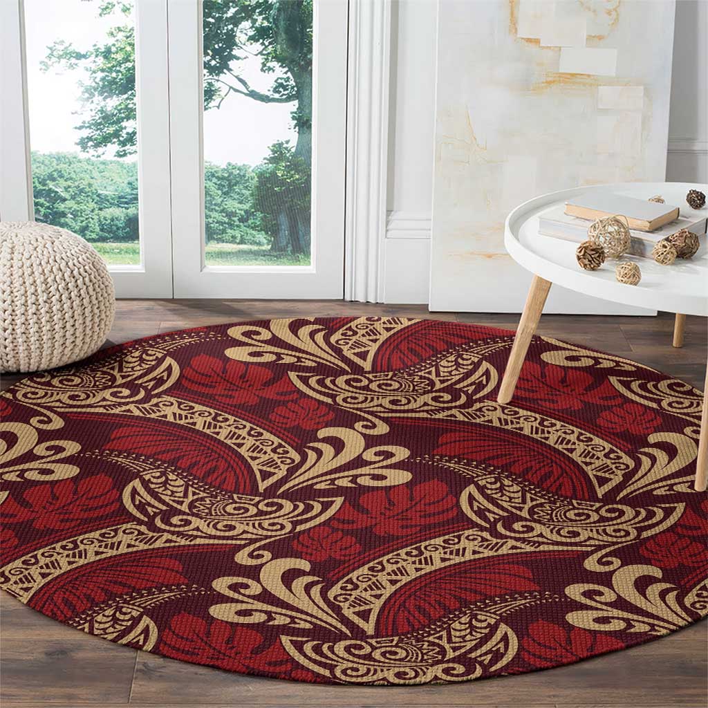 Luxury Red Monstera Round Carpet Polynesian Tribal Pattern LT01 - Polynesian Pride