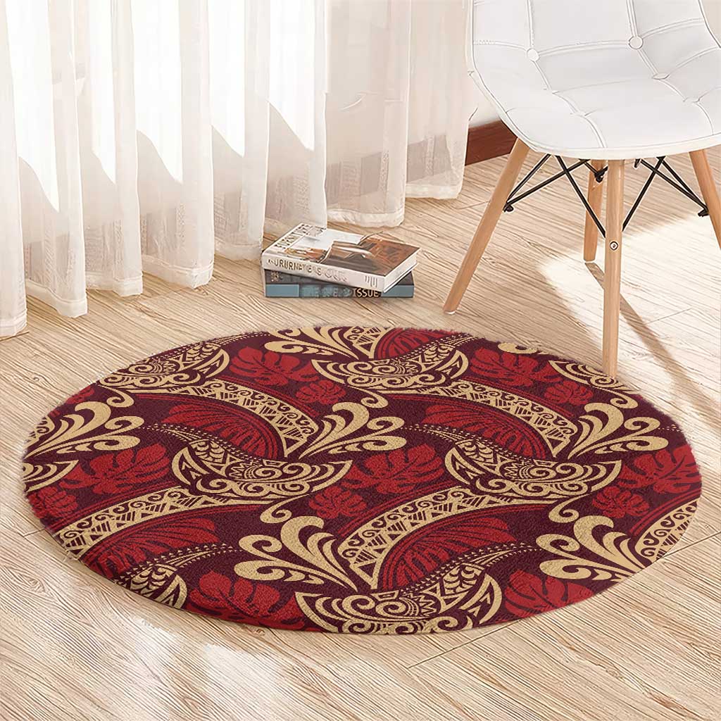 Luxury Red Monstera Round Carpet Polynesian Tribal Pattern LT01 - Polynesian Pride