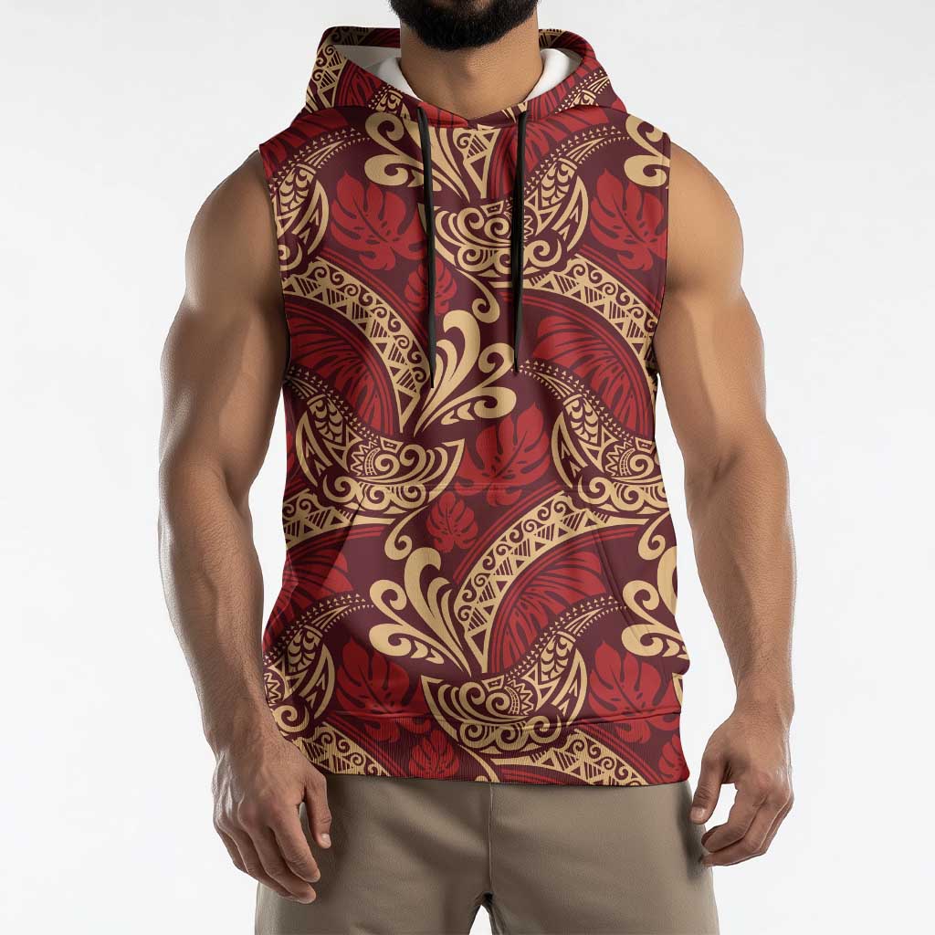 Luxury Red Monstera Sleeveless Hoodie Polynesian Tribal Pattern LT01 - Polynesian Pride