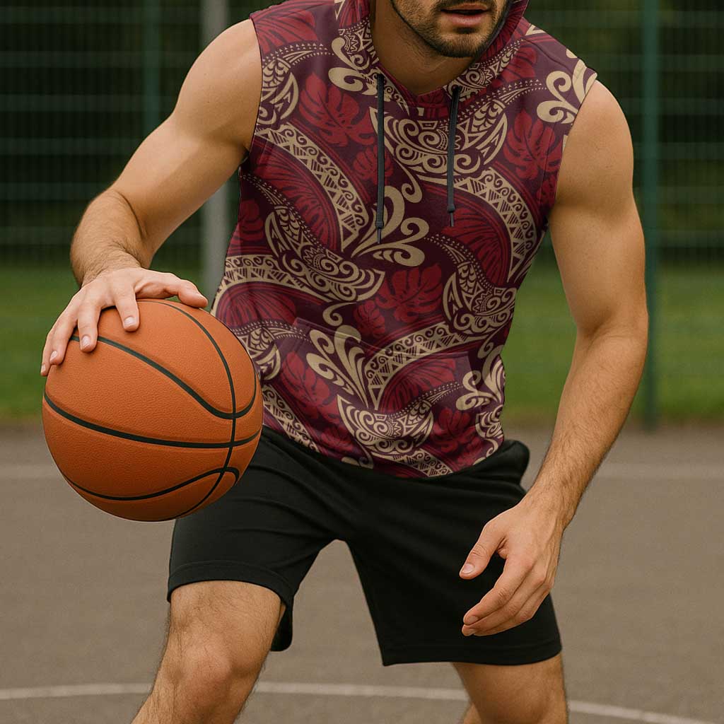 Luxury Red Monstera Sleeveless Hoodie Polynesian Tribal Pattern LT01 - Polynesian Pride