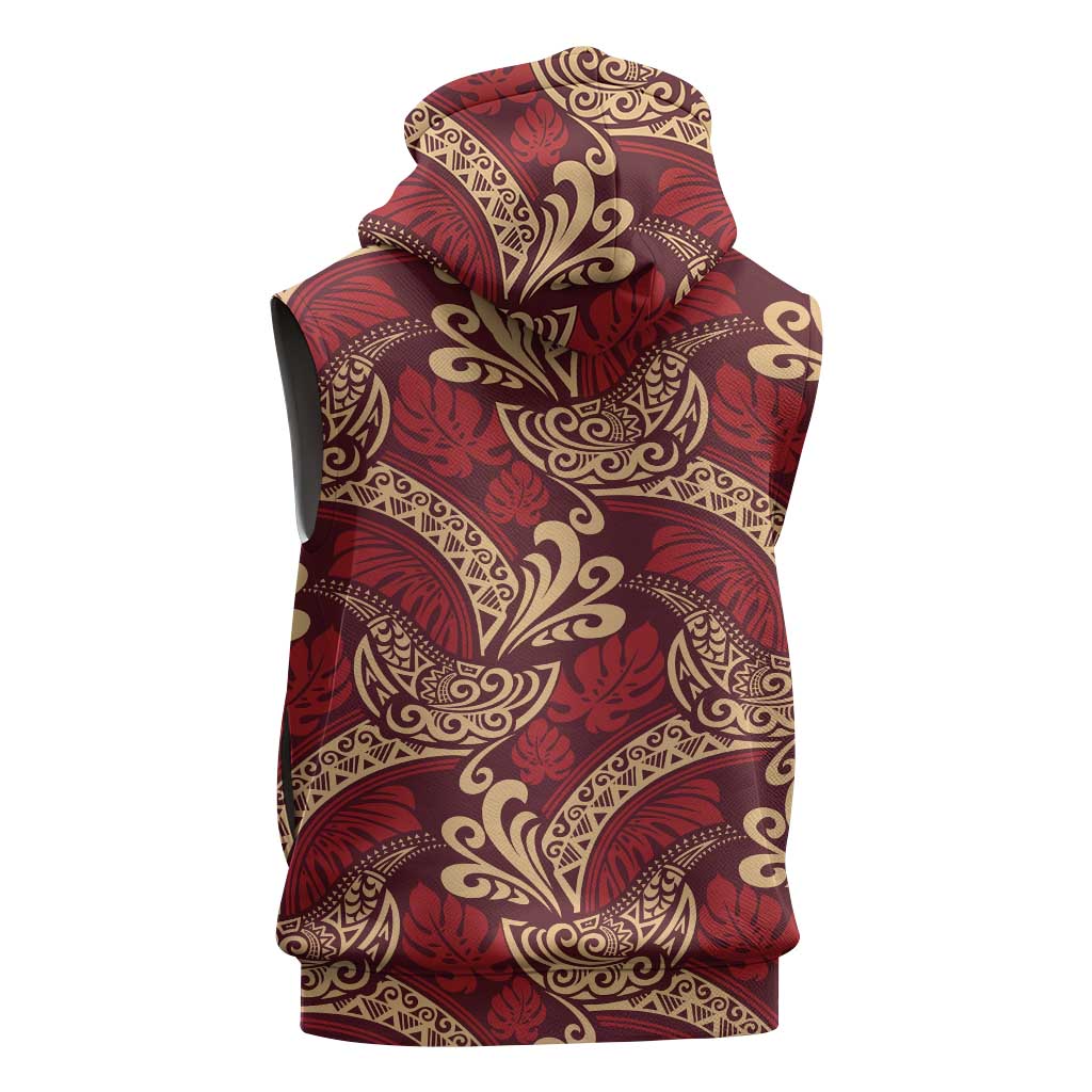 Luxury Red Monstera Sleeveless Zip Hoodie Polynesian Tribal Pattern - Polynesian Pride