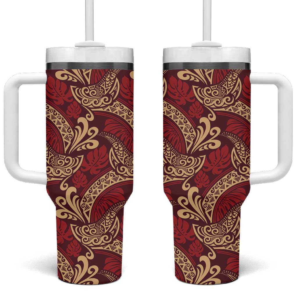 Luxury Red Monstera Tumbler With Handle Polynesian Tribal Pattern LT01 One Size: 40 oz Red - Polynesian Pride
