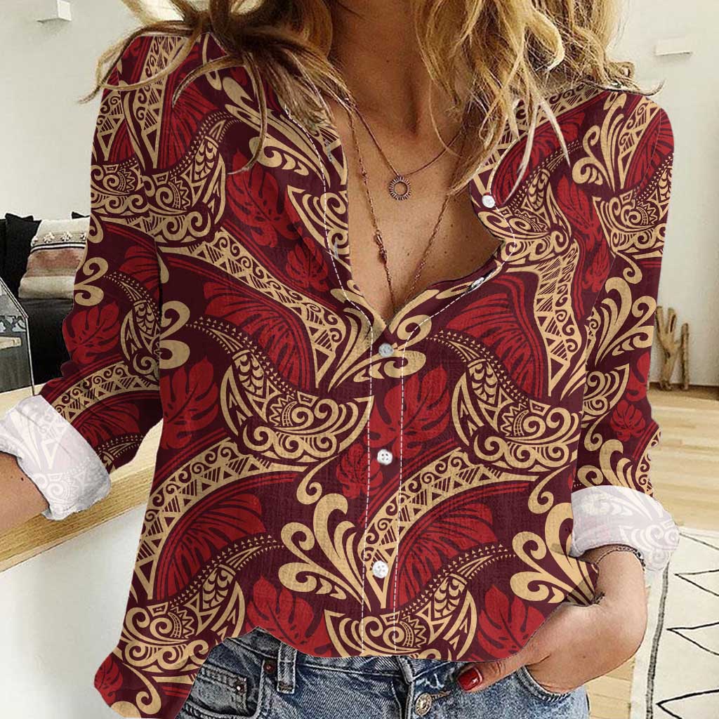 Luxury Red Monstera Women Casual Shirt Polynesian Tribal Pattern LT01 Female Red - Polynesian Pride