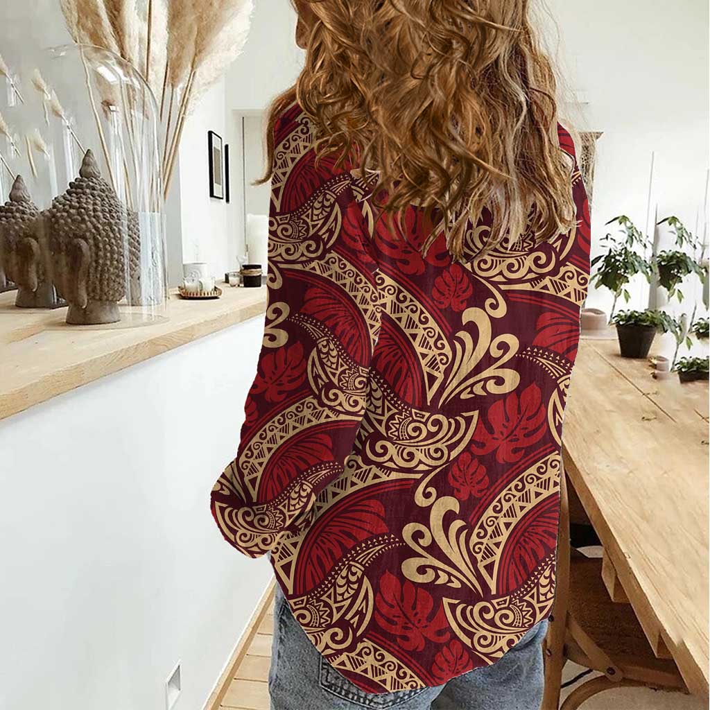 Luxury Red Monstera Women Casual Shirt Polynesian Tribal Pattern LT01 - Polynesian Pride