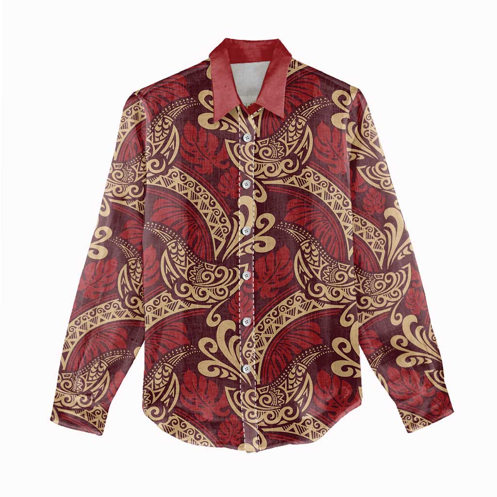 Luxury Red Monstera Women Casual Shirt Polynesian Tribal Pattern LT01 - Polynesian Pride