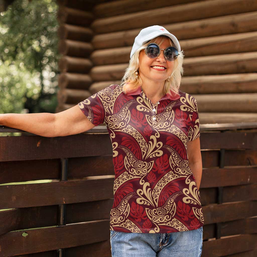 Luxury Red Monstera Women Polo Shirt Polynesian Tribal Pattern - Polynesian Pride