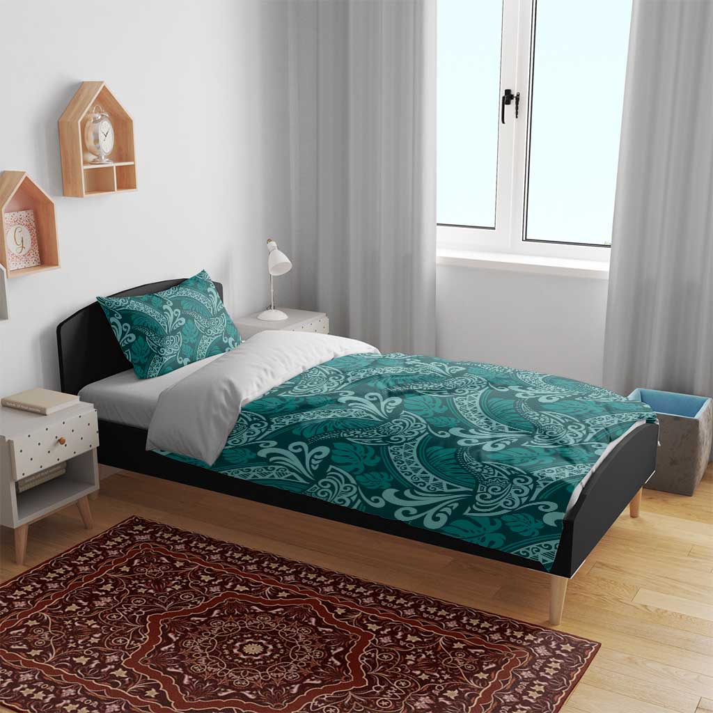 Teal Monstera Bedding Set Polynesian Tribal Pattern LT01 - Polynesian Pride
