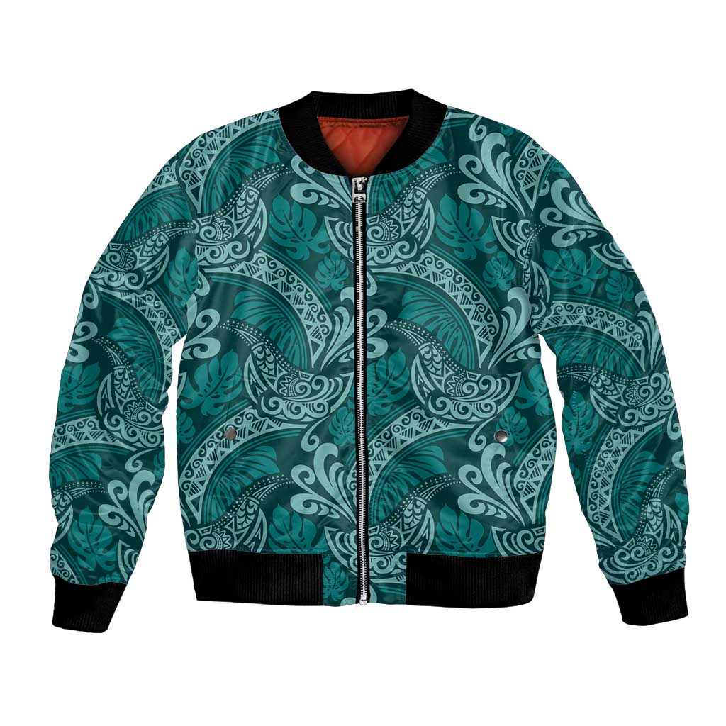 Teal Monstera Bomber Jacket Polynesian Tribal Pattern LT01 Unisex Teal - Polynesian Pride