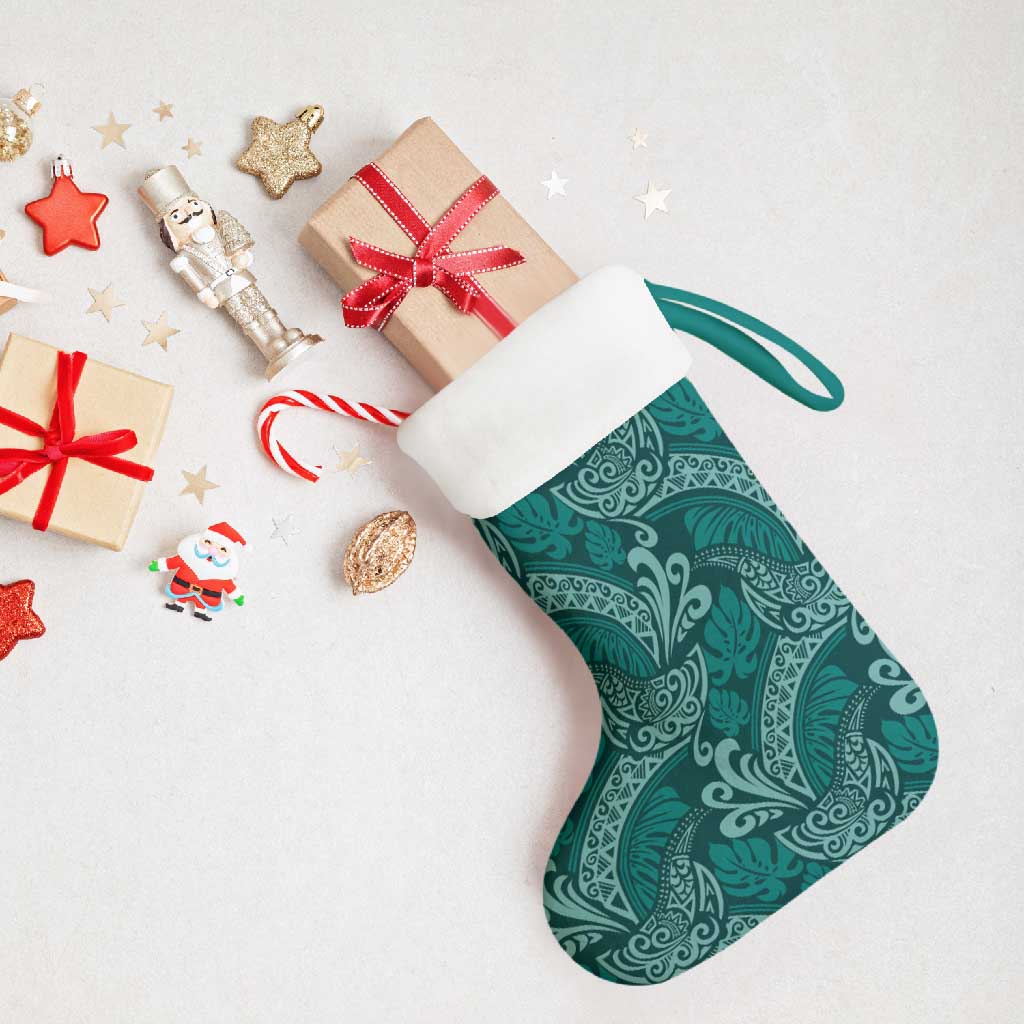 Teal Monstera Christmas Stocking Polynesian Tribal Pattern - Polynesian Pride