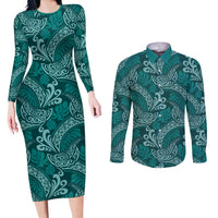 Teal Monstera Couples Matching Long Sleeve Bodycon Dress and Long Sleeve Button Shirt Polynesian Tribal Pattern LT01 Teal - Polynesian Pride
