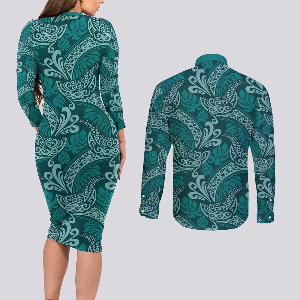 Teal Monstera Couples Matching Long Sleeve Bodycon Dress and Long Sleeve Button Shirt Polynesian Tribal Pattern LT01 - Polynesian Pride