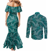 Teal Monstera Couples Matching Mermaid Dress and Long Sleeve Button Shirt Polynesian Tribal Pattern LT01 - Polynesian Pride