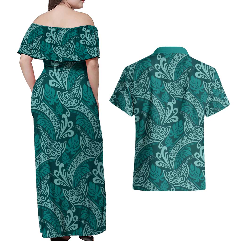 Teal Monstera Couples Matching Off Shoulder Maxi Dress and Hawaiian Shirt Polynesian Tribal Pattern LT01 - Polynesian Pride