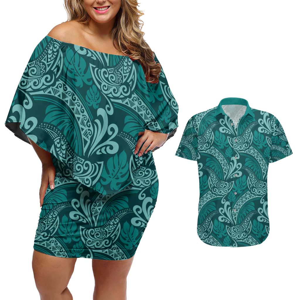 Teal Monstera Couples Matching Off Shoulder Short Dress and Hawaiian Shirt Polynesian Tribal Pattern LT01 Teal - Polynesian Pride