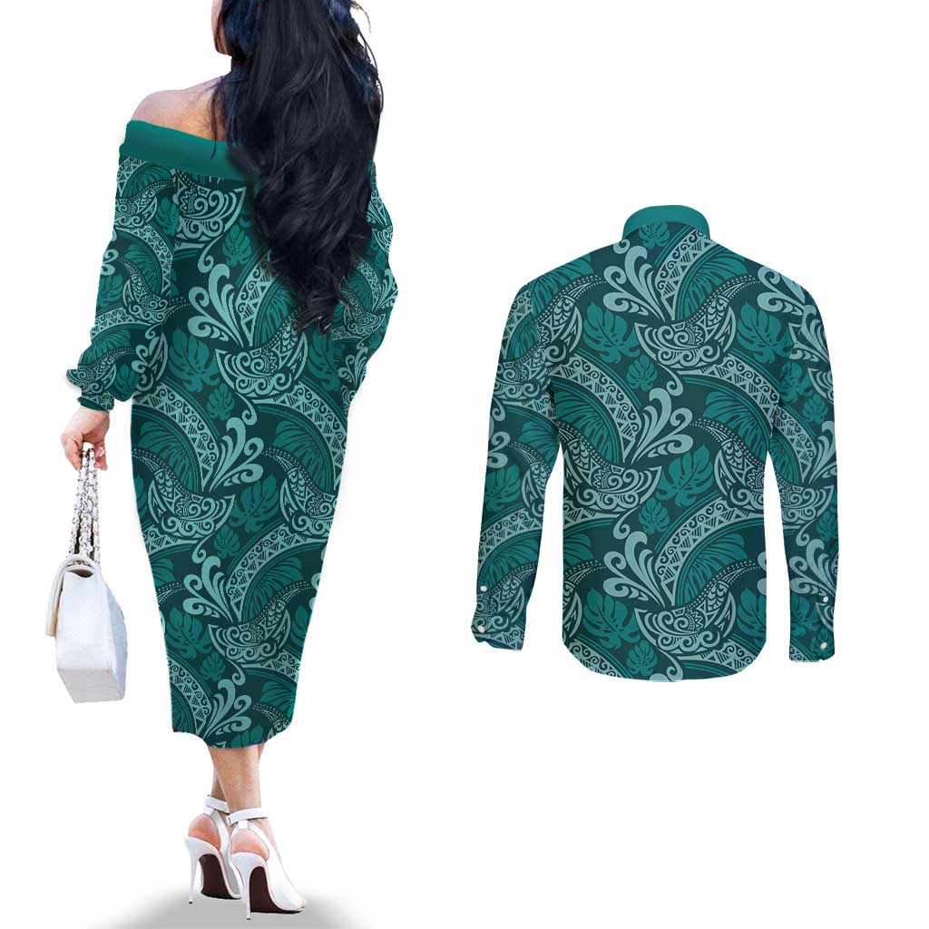 Teal Monstera Couples Matching Off The Shoulder Long Sleeve Dress and Long Sleeve Button Shirt Polynesian Tribal Pattern LT01 - Polynesian Pride