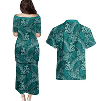 Teal Monstera Couples Matching Puletasi and Hawaiian Shirt Polynesian Tribal Pattern LT01 - Polynesian Pride