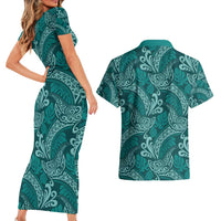 Teal Monstera Couples Matching Short Sleeve Bodycon Dress and Hawaiian Shirt Polynesian Tribal Pattern - Polynesian Pride