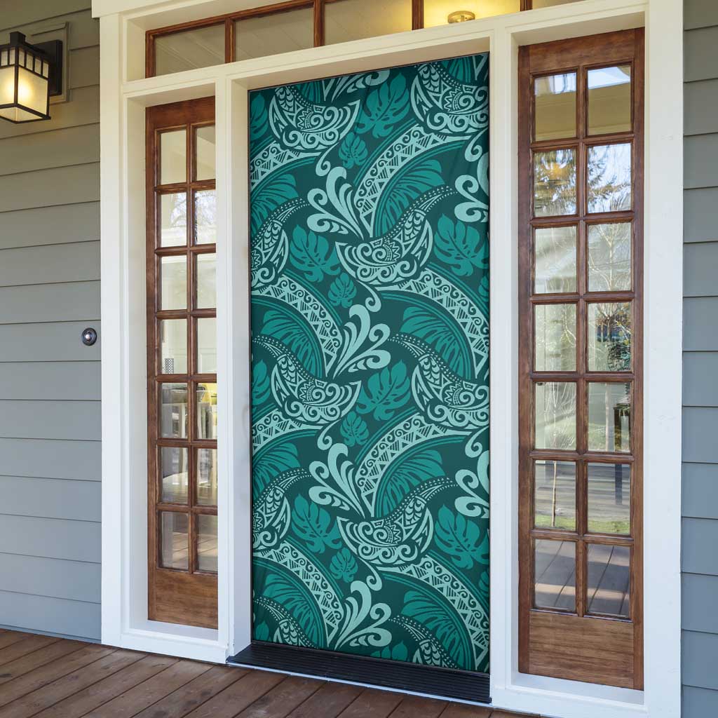 Teal Monstera Door Cover Polynesian Tribal Pattern LT01 - Polynesian Pride
