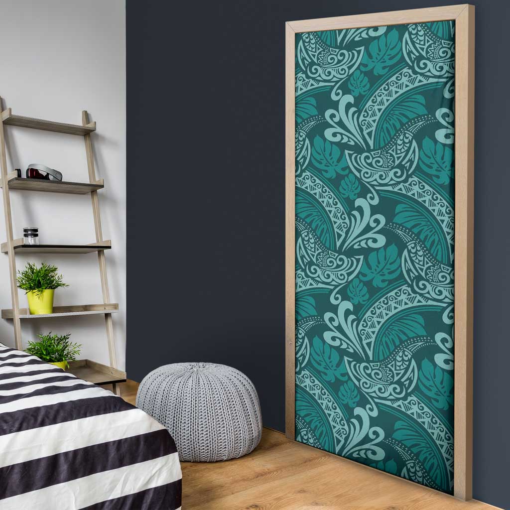 Teal Monstera Door Cover Polynesian Tribal Pattern LT01 - Polynesian Pride