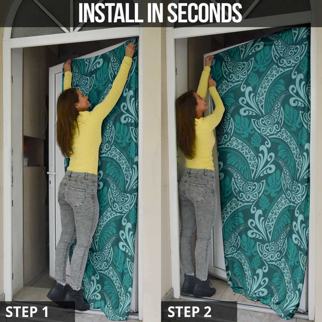 Teal Monstera Door Cover Polynesian Tribal Pattern LT01 - Polynesian Pride