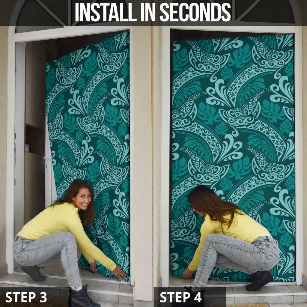 Teal Monstera Door Cover Polynesian Tribal Pattern LT01 - Polynesian Pride