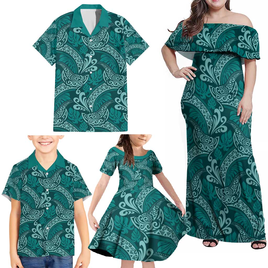 Teal Monstera Family Matching Off Shoulder Maxi Dress and Hawaiian Shirt Polynesian Tribal Pattern LT01 - Polynesian Pride