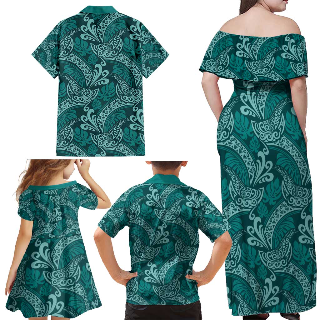 Teal Monstera Family Matching Off Shoulder Maxi Dress and Hawaiian Shirt Polynesian Tribal Pattern LT01 - Polynesian Pride