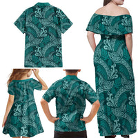 Teal Monstera Family Matching Off Shoulder Maxi Dress and Hawaiian Shirt Polynesian Tribal Pattern LT01 - Polynesian Pride
