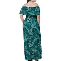 Teal Monstera Family Matching Off Shoulder Maxi Dress and Hawaiian Shirt Polynesian Tribal Pattern LT01 - Polynesian Pride
