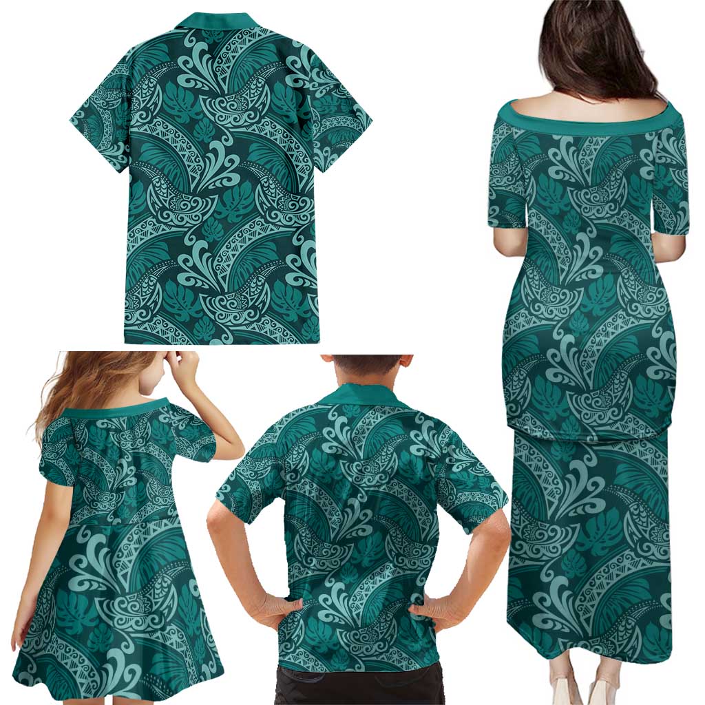 Teal Monstera Family Matching Puletasi and Hawaiian Shirt Polynesian Tribal Pattern LT01 - Polynesian Pride