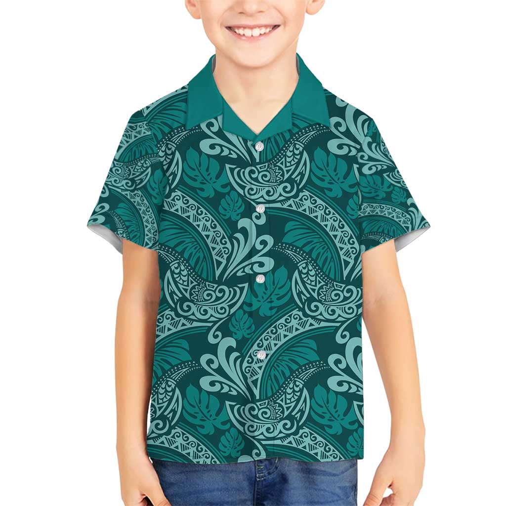 Teal Monstera Family Matching Puletasi and Hawaiian Shirt Polynesian Tribal Pattern LT01 Son's Shirt Teal - Polynesian Pride